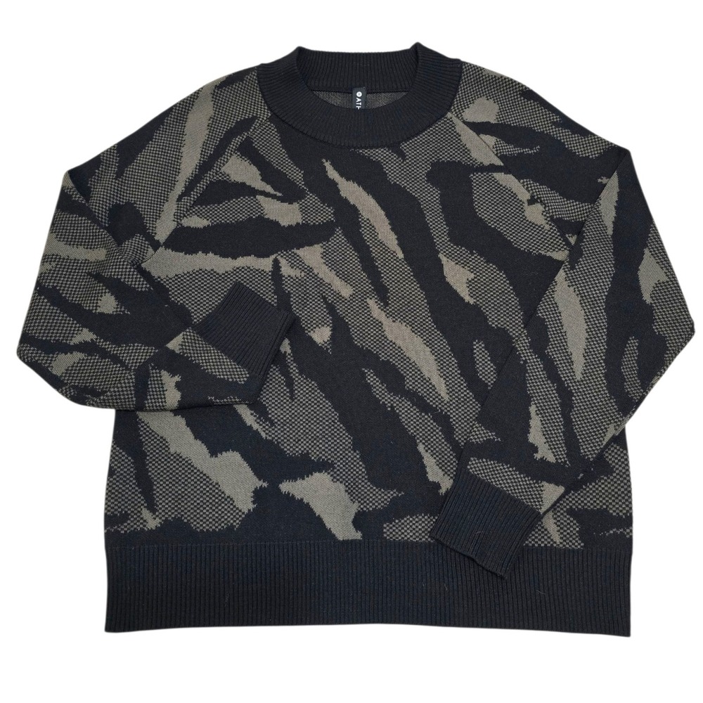Athleta Zebra Print Crew Neck Pullover Sweater Small Knit Olive‎ Black